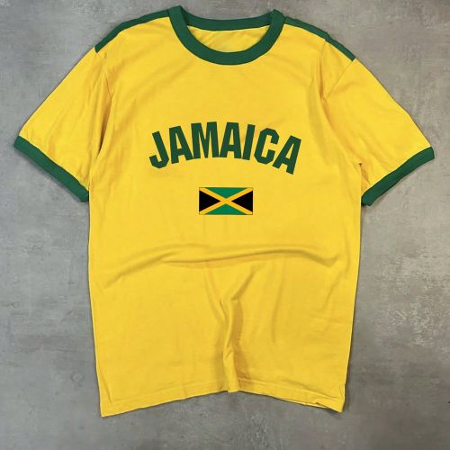 T-shirt à col ras-du-cou patchwork avec imprimé graphique de lettre et de drapeau de la Jamaïques - SHEIN - Modalova