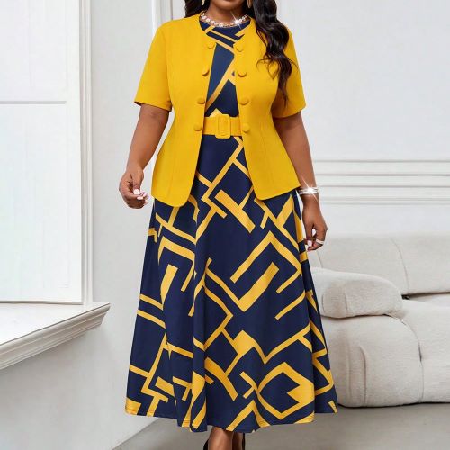 Ensemble vêtements de professeur jupe imprimé géométrique en couleurs contrastées grande taille. Deux pièces, tenues d'été, tenues de Saint-Va - SHEIN - Modalova