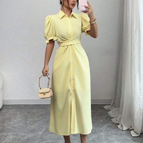 Robe élégante de style français, mode décontractée de navetteur, col rond croisé, volant à manches bouffantes, ouverture devant, couleur Bouton - SHEIN - Modalova
