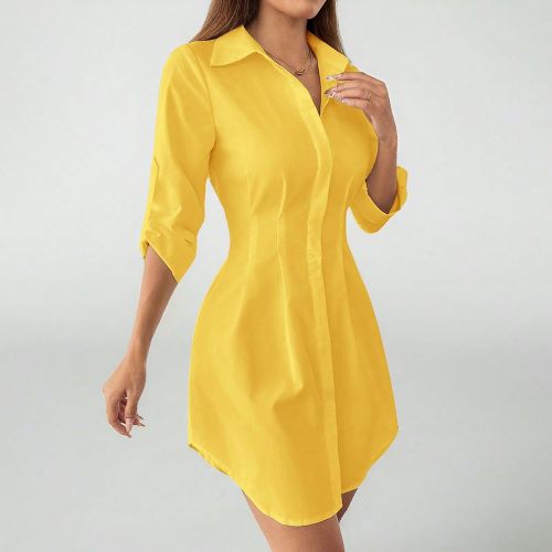 Robe chemise décontractée de couleur unie avec volants aux poignets, fermeture simple boutonnage et taille élastique - SHEIN - Modalova