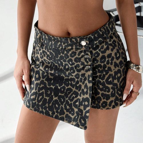 TAILLE HAUTE JUPE-SHORT EN JEAN AVEC IMPRIMÉ LÉOPARD - SHEIN - Modalova