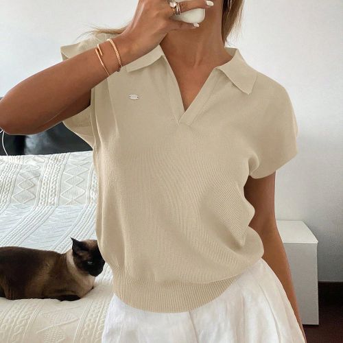 Pull côtelé unicolore au col polo près du corps, casual pour les trajets, printemps/été - SHEIN - Modalova