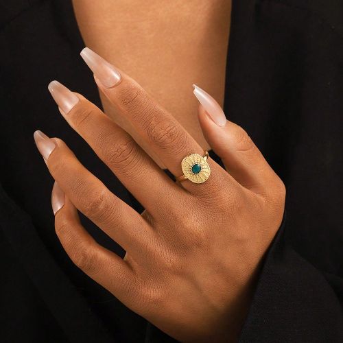 Pièce Bague ouverte ajustable minimaliste en acier inoxydable vintage dorée avec design circulaire de soleil et de goutte d'huiles - SHEIN - Modalova