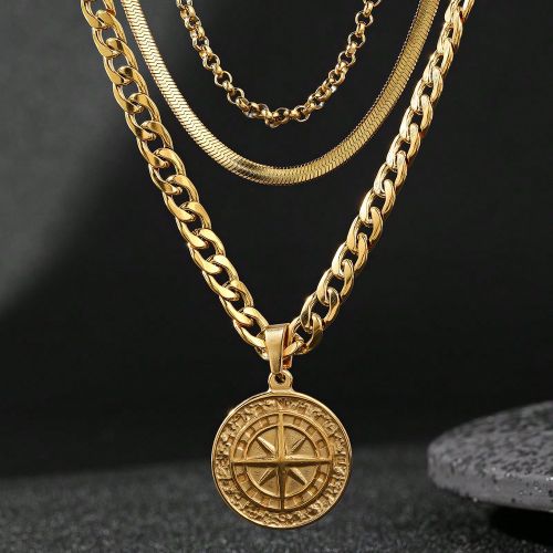 Ensemble de 3 pièces Collier Pendentif Boussole en Acier Inoxydable de Style Rétro Mode Dorée, Convient Pour Tenue Quotidienne ou Cadeau - SHEIN - Modalova