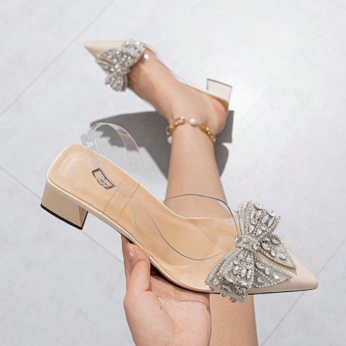 Sandales à talon épais à bout pointu avec décoration de nœud en cristal transparents, chaussures élégantes et confortables pour soirée/mariage - SHEIN - Modalova