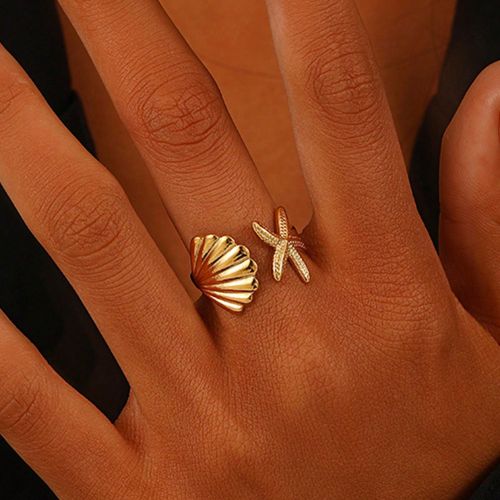 Pièce Bague réglable en acier inoxydable plaqué or en forme d'étoile de mer et de coquillage, convient pour un port quotidiens - SHEIN - Modalova