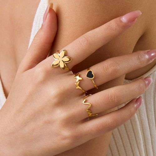 Pièces Ensemble de bagues carrées à base noire avec motifs en acier inoxydable doré jaune, fleur, ECG, papillon, mode, convient pour le port quoti - SHEIN - Modalova