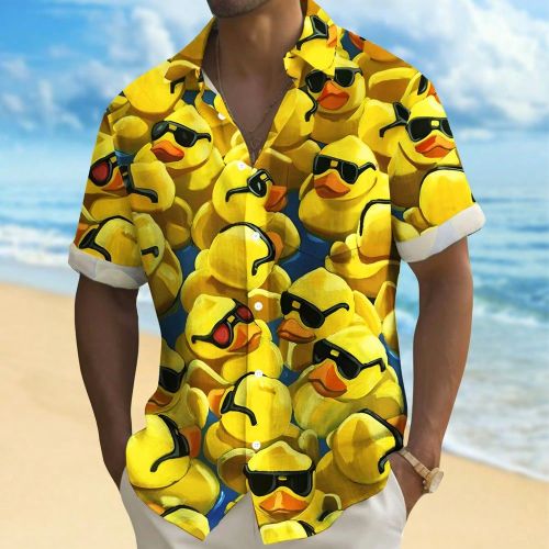 Chemise à manches courtes boutonnée grande taille avec imprimé 3D numérique de canard hawaïen dessin animé - SHEIN - Modalova