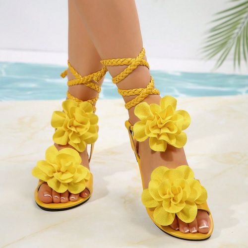 Sandales plates à imprimé florals, design décontracté à bout ouvert pour toutes les saisons avec petit talon, semelle et doublure en tissu - SHEIN - Modalova