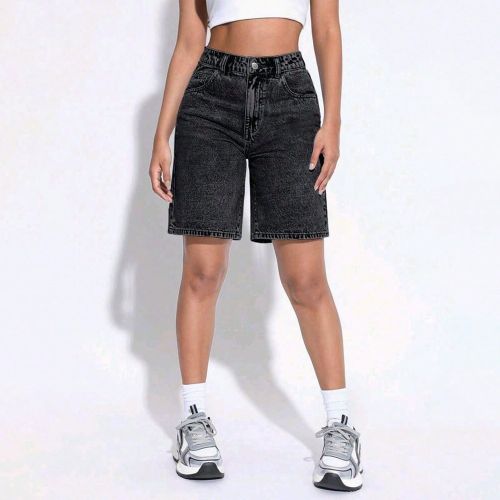 Short en jean Bermuda taille haute, short en jean casual ample et - SHEIN - Modalova