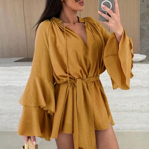 Pièce Chemise décontractée avec manches longues, manches raglan, col en V, poignets multi-couches et lien à la taille. Convient pour le printemps/ - SHEIN - Modalova