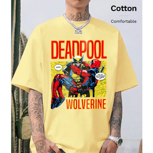 T-shirt décontracté à col rond en coton co-marqué Marvels, imprimé Deadpool et Wolverine, hauts polyvalentss printemps et été, hauts à manches - SHEIN - Modalova