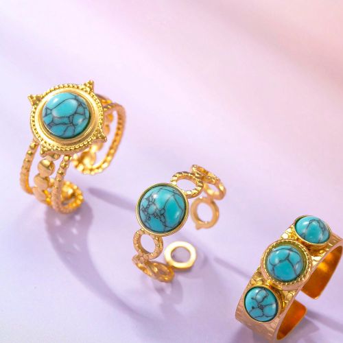 Pièces/Set Bague ronde décorative en turquoise de style cowboy occidental en acier inoxydable doré 18 carats. Convient pour un usage quotidien, les - SHEIN - Modalova
