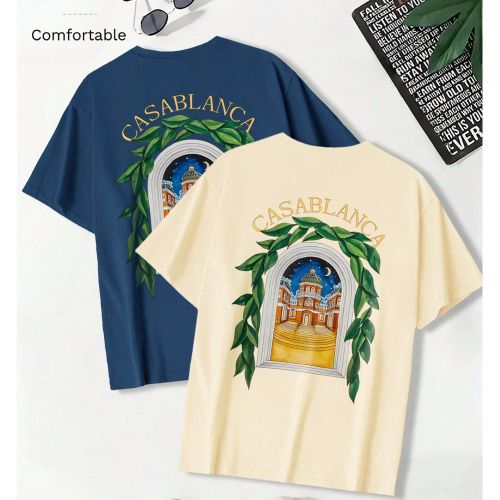 T-shirt en coton côtelé, imprimé château de nuit de lune, vêtements de sports de style universitaire printemps et été, haut à manches courtess - SHEIN - Modalova