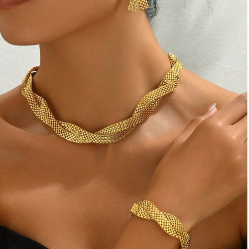 Ensemble de bijoux 18 carats plaqué or comprenant 4 pièces : un collier minimaliste ajouré large, des boucles d'oreilles, un bracelet et un pendent - SHEIN - Modalova