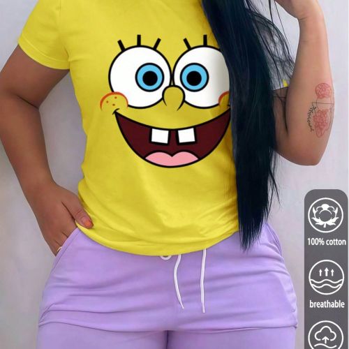 Bob l'éponge, T-shirt en coton côtelé, citron, style universitaire, printemps-été, sport, drapé, doux, respirant, blanc, manches courtes, moulan - SHEIN - Modalova