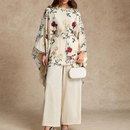 Costume ample à taille cintrée, manches chauve-souris, broderie florale en maille à double couche. Convient pour les vacances de début d'automne e - SHEIN - Modalova