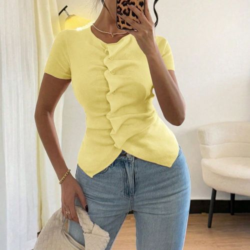 Nouveau top tricoté asymétrique à boutons avec fronces et coupe ajustées, style vintage, pour l'automne/le printemps - SHEIN - Modalova