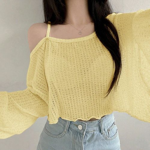 T-shirt ample à manches longues, col asymétrique avec volants, couleur unie. Vêtements pour la rentrée scolaire, vêtements d'automnes, hauts cour - SHEIN - Modalova