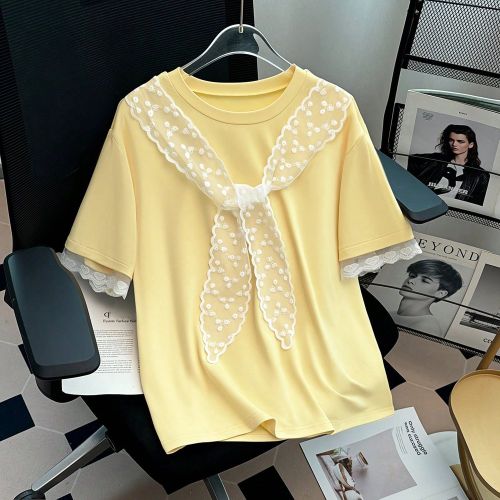 T-shirt à manches courtes élégant en patchwork de dentelle blocs de couleurs, pour l'été - SHEIN - Modalova
