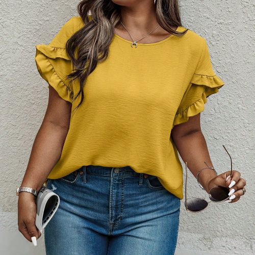 Blouse décontractée grande taille d'été, col rond, couleur unie, manches courtes, imprimé floral - SHEIN - Modalova