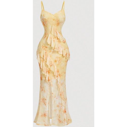 Robe longue col V à volants avec fente haute, imprimé tie dye, jaune - SHEIN - Modalova