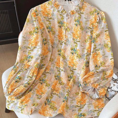 Blouse vintage élégante de style français décontracté pour le travail, avec manches bouffantes et ourlet à volants - SHEIN - Modalova