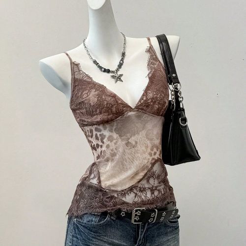 Camisole à bretelles fines, imprimé léopard, contraste en dentelle et mesh imprimé, pour l'été - SHEIN - Modalova