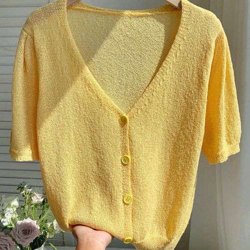 Pull tricoté à col en V, manches courtes, simple boutonnages - SHEIN - Modalova