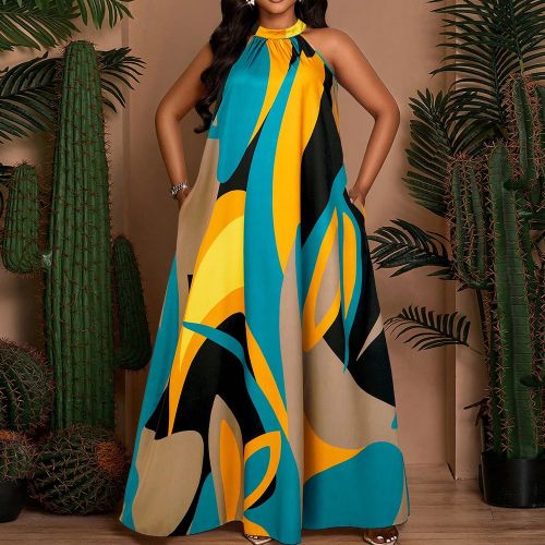 Robe ample décontractée d'été et de printemps de grande taille, imprimée, sans manches, avec lien de serrage au dos et taille élastique. Robe d' - SHEIN - Modalova