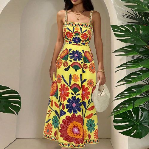 Robe décontractée d'été à imprimé floral, coupe évasée avec taille marquées, sans manches - SHEIN - Modalova