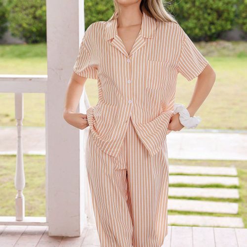Ensemble de pyjamas avec col à revers, manches courtes et imprimé rayures jaunes, coupe ample - SHEIN - Modalova