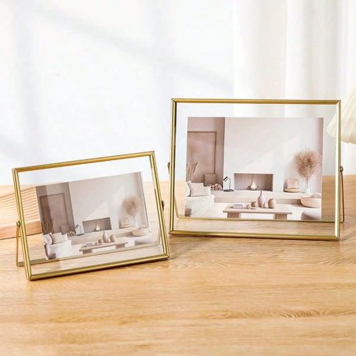 Pièce Cadre photo en métal doré transversal, cadre photo décoratif de bureau, cadre photo en acrylique transparent noir sur pied. Décoration de s - SHEIN - Modalova