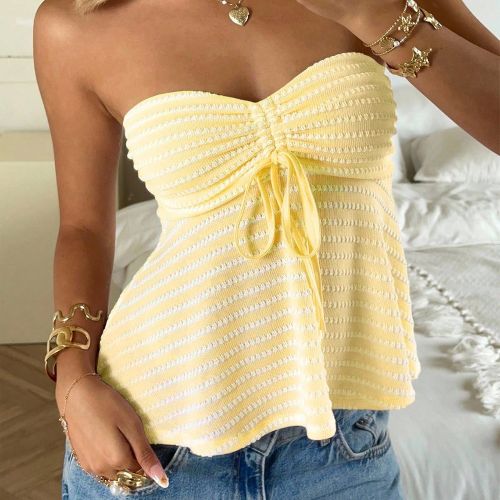 Top bandeau côtelé rose à rayures avec buste froncé, été - SHEIN - Modalova