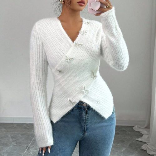 Pull asymétrique à manches longues et col en V, motif papillon perlé à la main, à la mode - SHEIN - Modalova