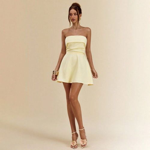Robe moulante mini à volants sans bretelles de couleur jaune crème unie pour le printemps/été. Robe de cocktail élégante, convenant pour le peti - SHEIN - Modalova