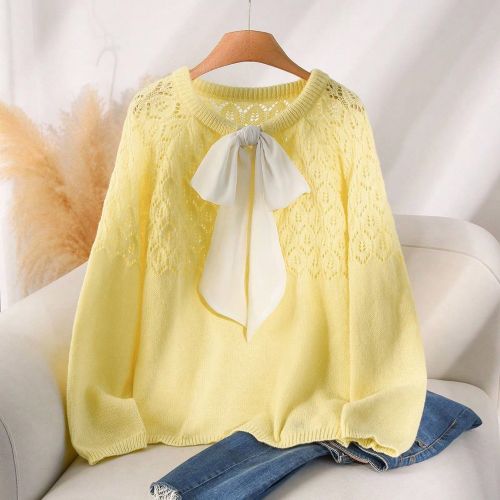 Pull oversize col rond avec trame semi-transparente, design de dos en maille avec nœud papillon, pull tricoté polyvalent en jaune, manches longues - SHEIN - Modalova