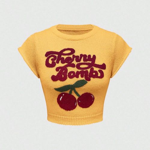 Pull style universitaire mignon et innocent, col montant, manches lanternes, broderie de cerises - SHEIN - Modalova