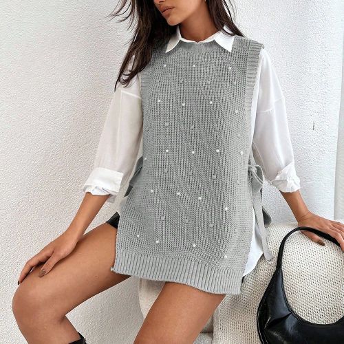 Pull sans manches à col rond avec perles - SHEIN - Modalova