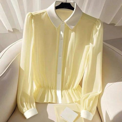 Blouse à col contrasté, manches longues bouffantes, boutonnage simple et volant à l'ourlet - SHEIN - Modalova