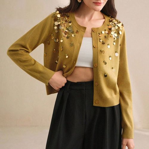 Cardigan en tricot bleu clair orné de sequins et de perless - SHEIN - Modalova