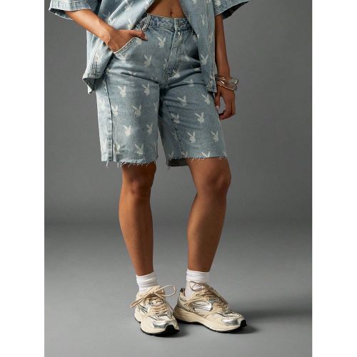 Short en jean Bermuda taille haute imprimé lapin, ourlet effiloché, coupe brute. Short en jean décontracté pour l'été, les festivals et la plage - SHEIN - Modalova
