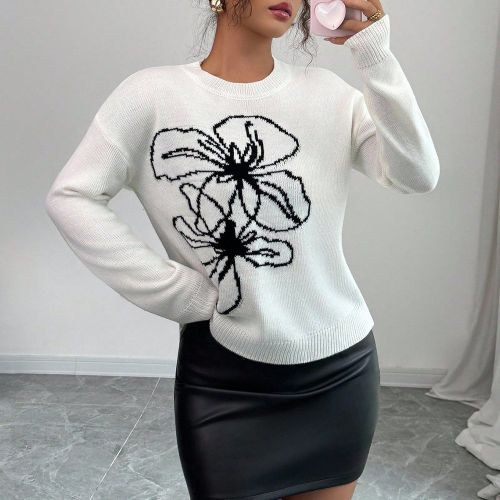 Pull col rond à motif floral décontractés, automne/hiver - SHEIN - Modalova