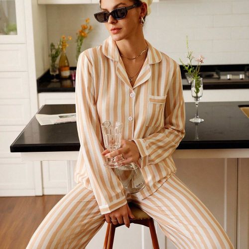 Ensemble pyjama à manches longues et pantalon long avec imprimé rayé - SHEIN - Modalova