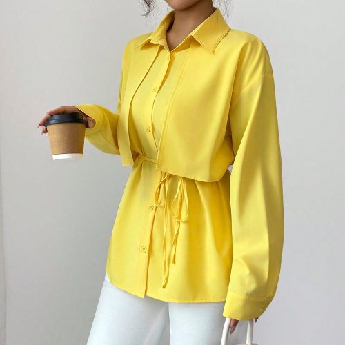 Chemise décontractée à manches longues et à épaules tombantes, boutonnée,s, de couleur jaune - SHEIN - Modalova