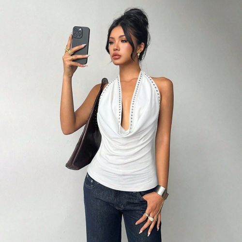 Top à col drapé sexy, dos nu, avec clous - SHEIN - Modalova