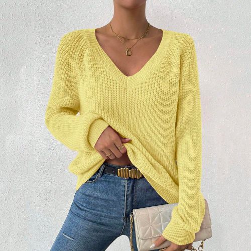 Pull ample en tricot à col en V et manches raglan, couleur unie, automne - SHEIN - Modalova