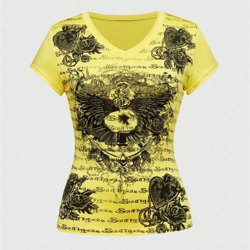 T-shirt ajusté vintage avec motif cœur et ailes dans le style Y2K Grunge - SHEIN - Modalova