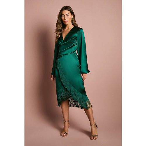 Robe Midi en Satin à Taille Nouée et Ourlet à Franges Émeraude | Taille 38 - Coast - Modalova