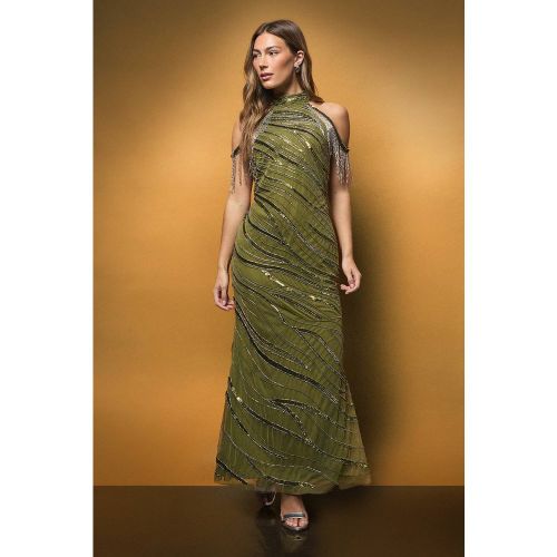 Robe Longue à Col Halter Drapé et Perles d'Épaule | Taille 44 - Coast - Modalova
